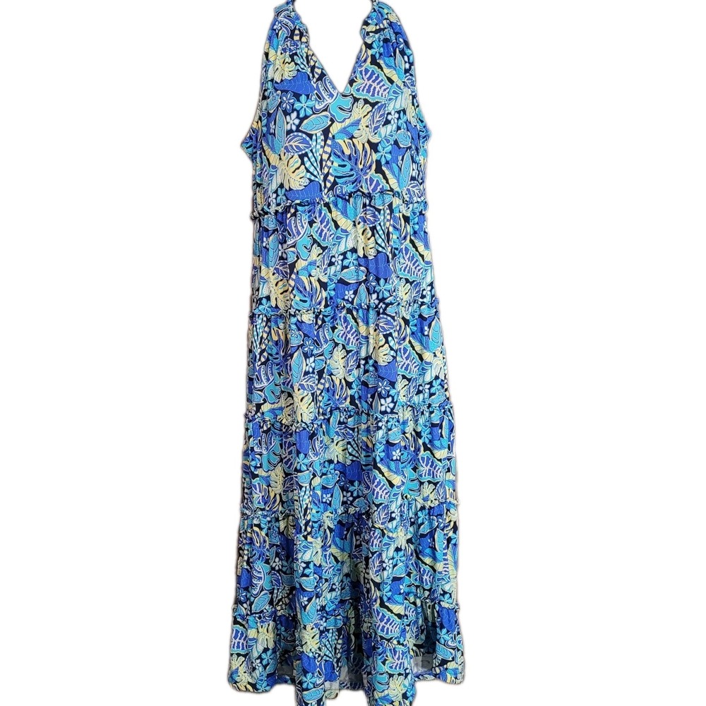 Beachtime by Lulu-B Tiered Maxi Dress Sz M Bold Vibrant Blue Floral Beach Resort